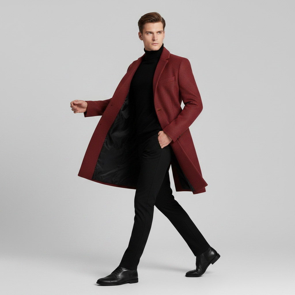 Men's Long Coat | Notched Lapel Trench Coat for Men