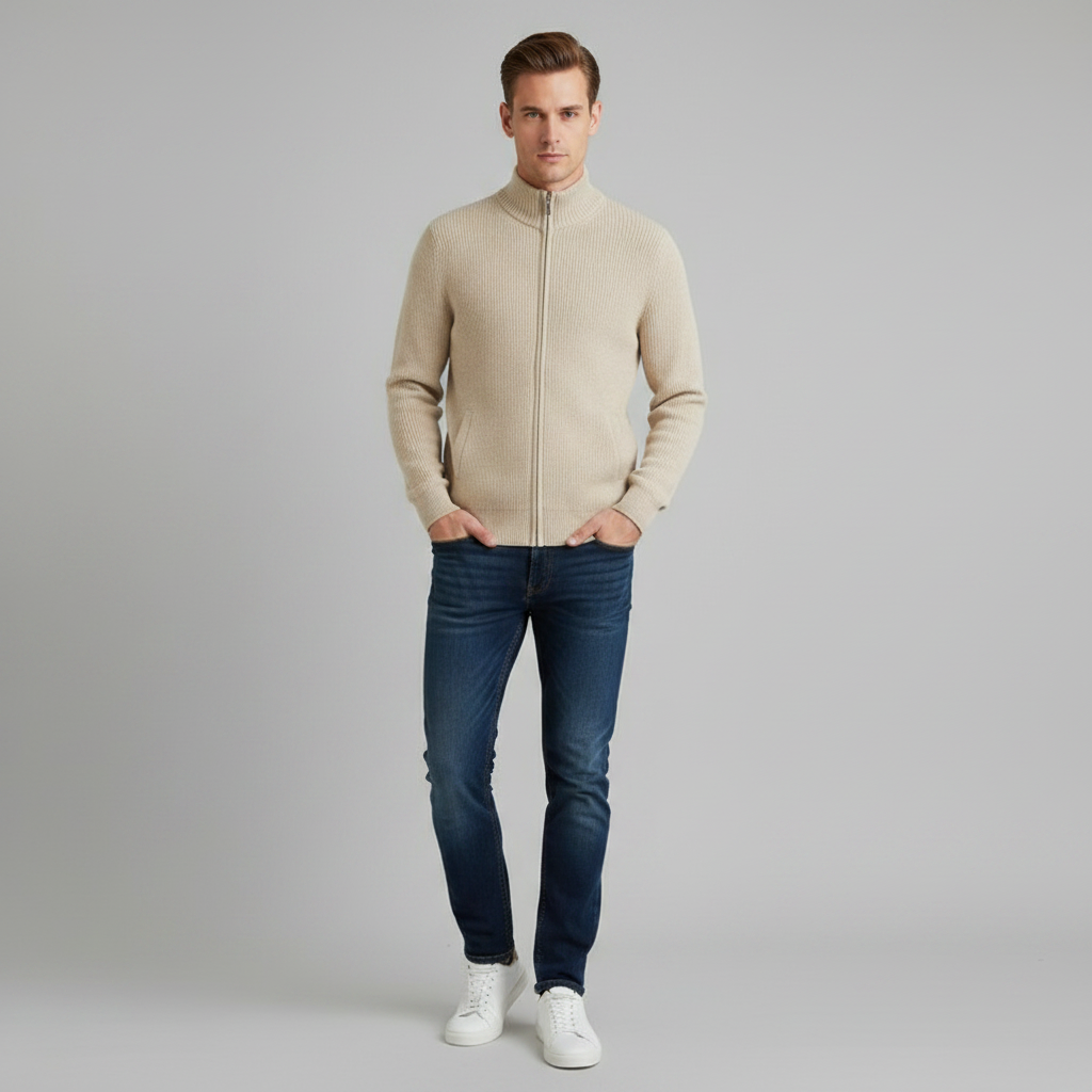 Men's Slim Fit Zip Up Cardigan | Ribbed Knit Layering