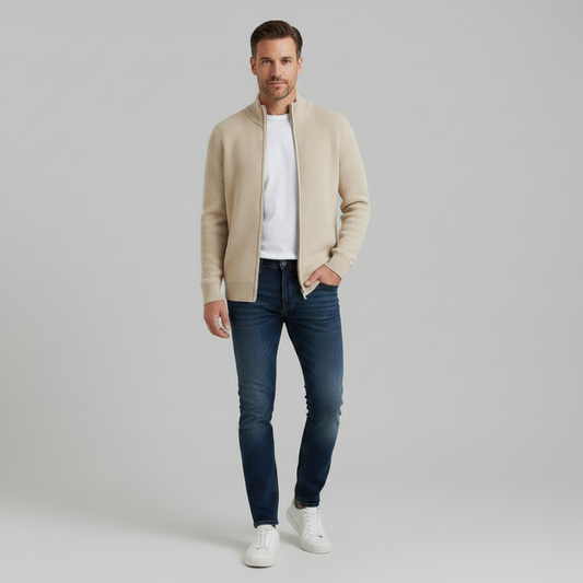 Men's Slim Fit Zip Up Cardigan | Ribbed Knit Layering
