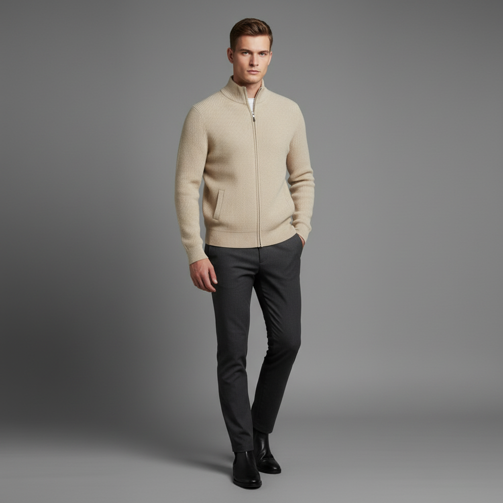 Men's Slim Fit Zip Up Cardigan | Ribbed Knit Layering